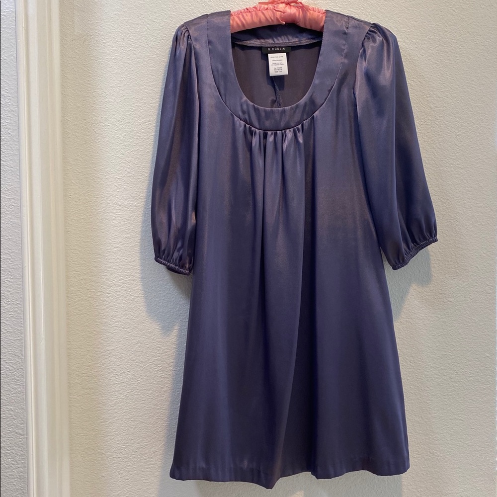 B Darlin Violet grey 3/4 sleeved sheen dress